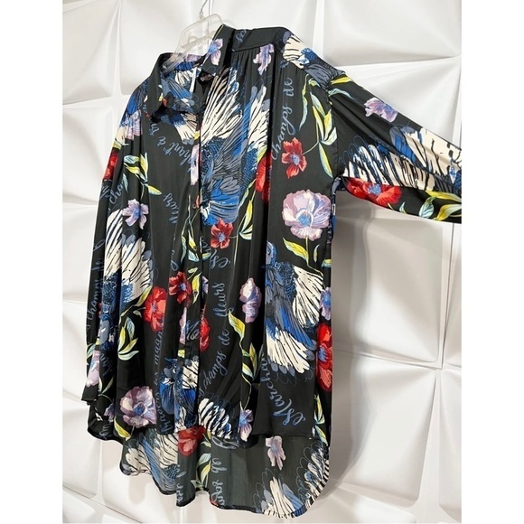 Free People Sz M Black Colorful Oversized Hawaiian Tropical Bird Shirt Tunic Top - Picture 6 of 14